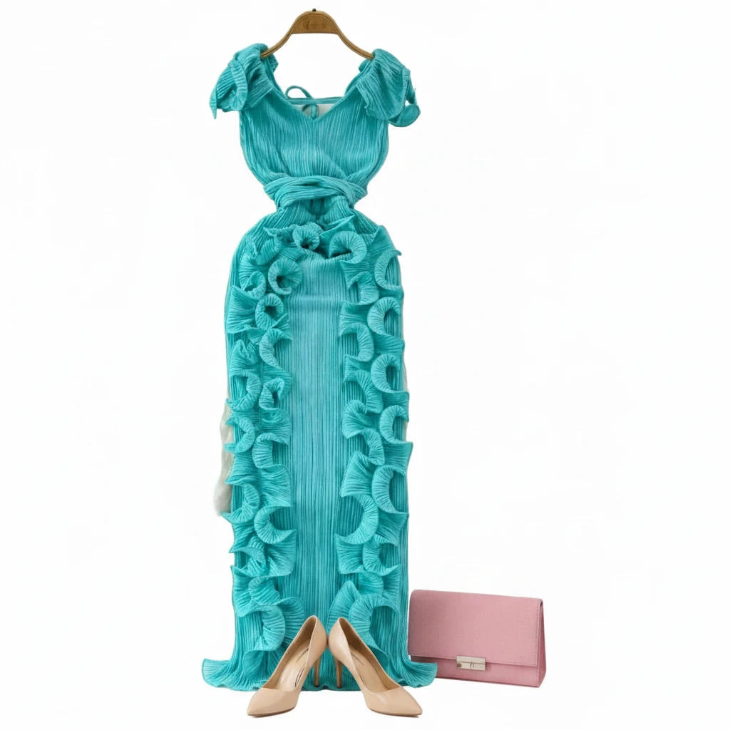 🍒Women's long dress slim fit occasion outfit with 3D pleats and ruffle hem sleeveless fashion wear party wear fashion clothing Look Smooth In Ruff-les