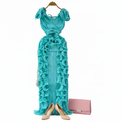 🍒Women's long dress slim fit occasion outfit with 3D pleats and ruffle hem sleeveless fashion wear party wear fashion clothing Look Smooth In Ruff-les