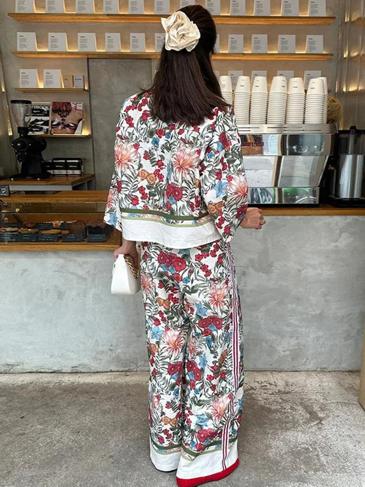 🍒Smart casual trouser sets bohemian style long sleeve crop top jacket short shirt for women and high waisted wide leg pants
