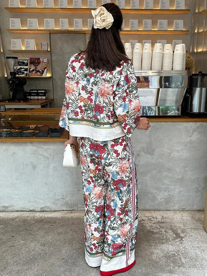🍒Smart casual trouser sets bohemian style long sleeve crop top jacket short shirt for women and high waisted wide leg pants