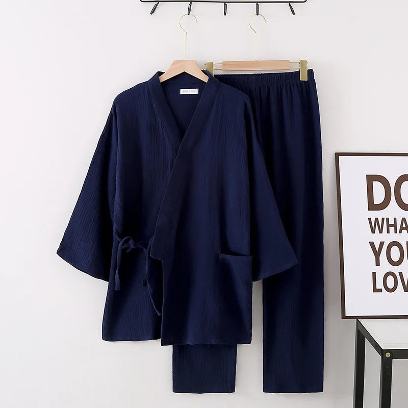 🍒Two piece japanese suit cotton crepe pajamas kimono suit lovers 100% cotton crepe pajamas long jacket and trousers set kimono suit sleepwear casual clothing leisure wear Lounge Leisurely