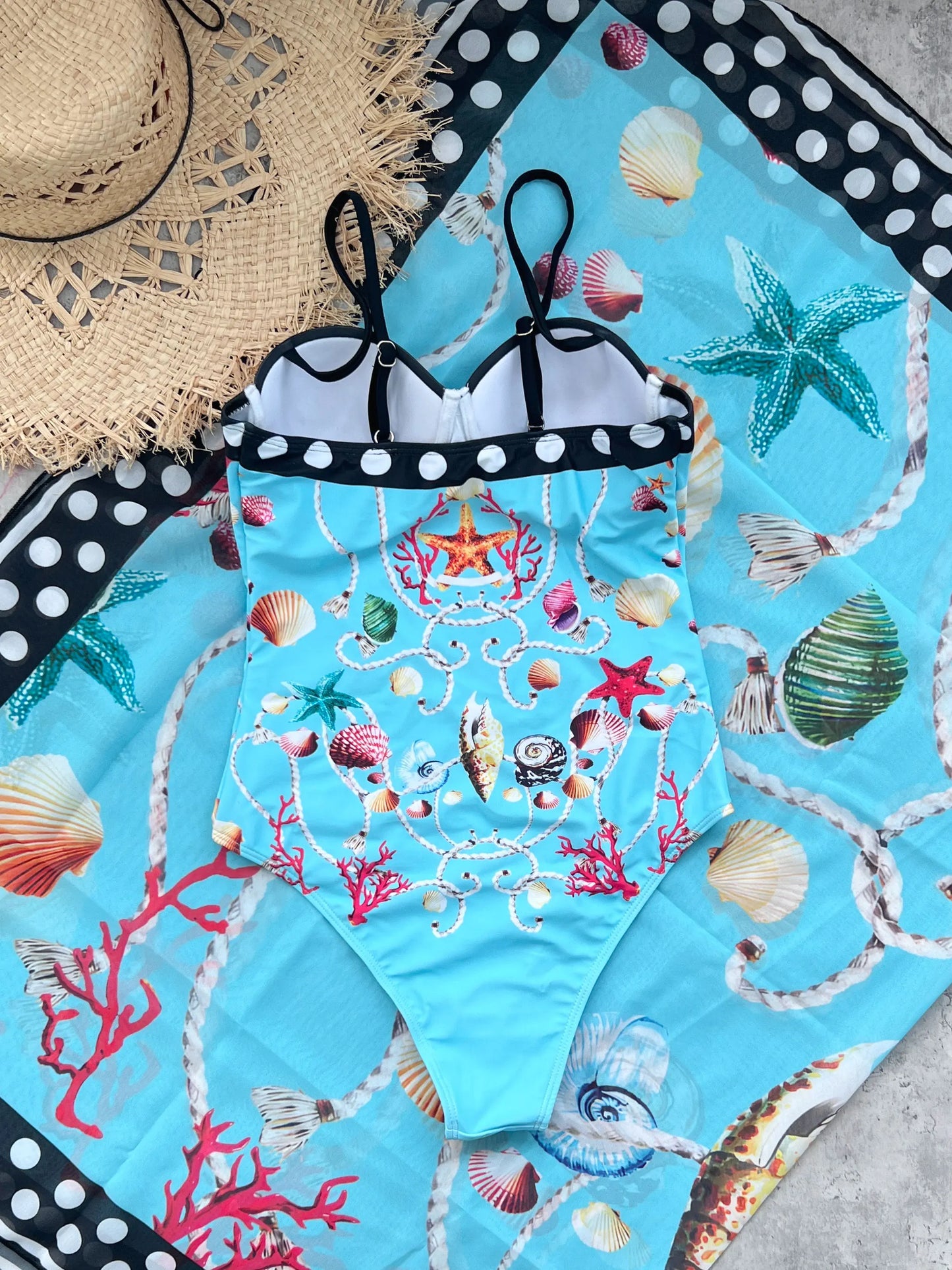 🍒Eenstuk-swemdrag-strandklere met koraal- en skulpafdruk bikini- en sarongstel strandklere vir vroue Sea Sure Set