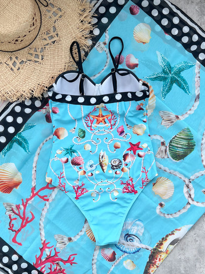 🍒Eenstuk-swemdrag-strandklere met koraal- en skulpafdruk bikini- en sarongstel strandklere vir vroue Sea Sure Set
