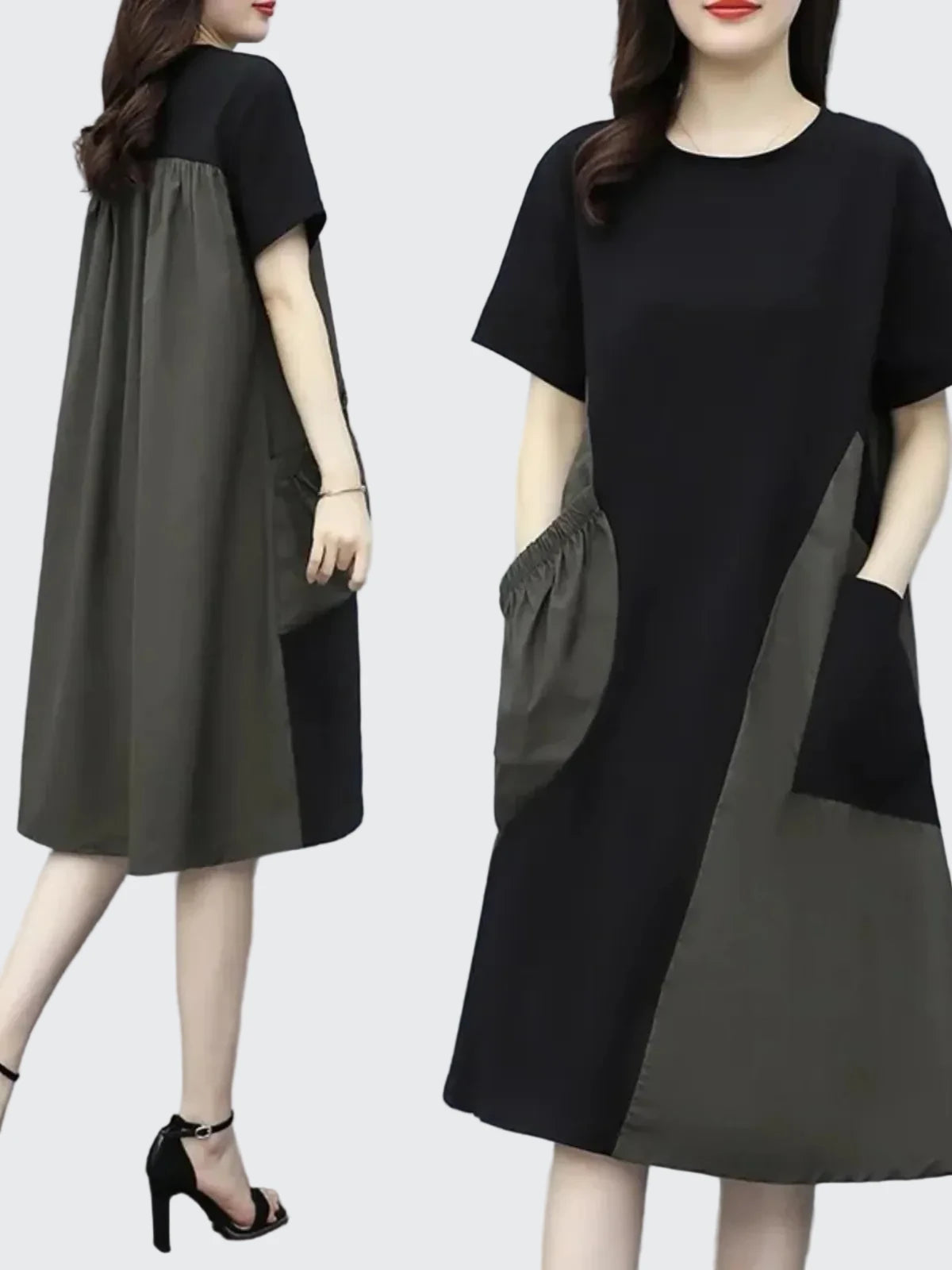🍒Street style fashion dress t-shirt style short sleeve round neck outfit smart casual women's patchwork and pocket summer wear Patch Up Your Fashion And pocket the Change