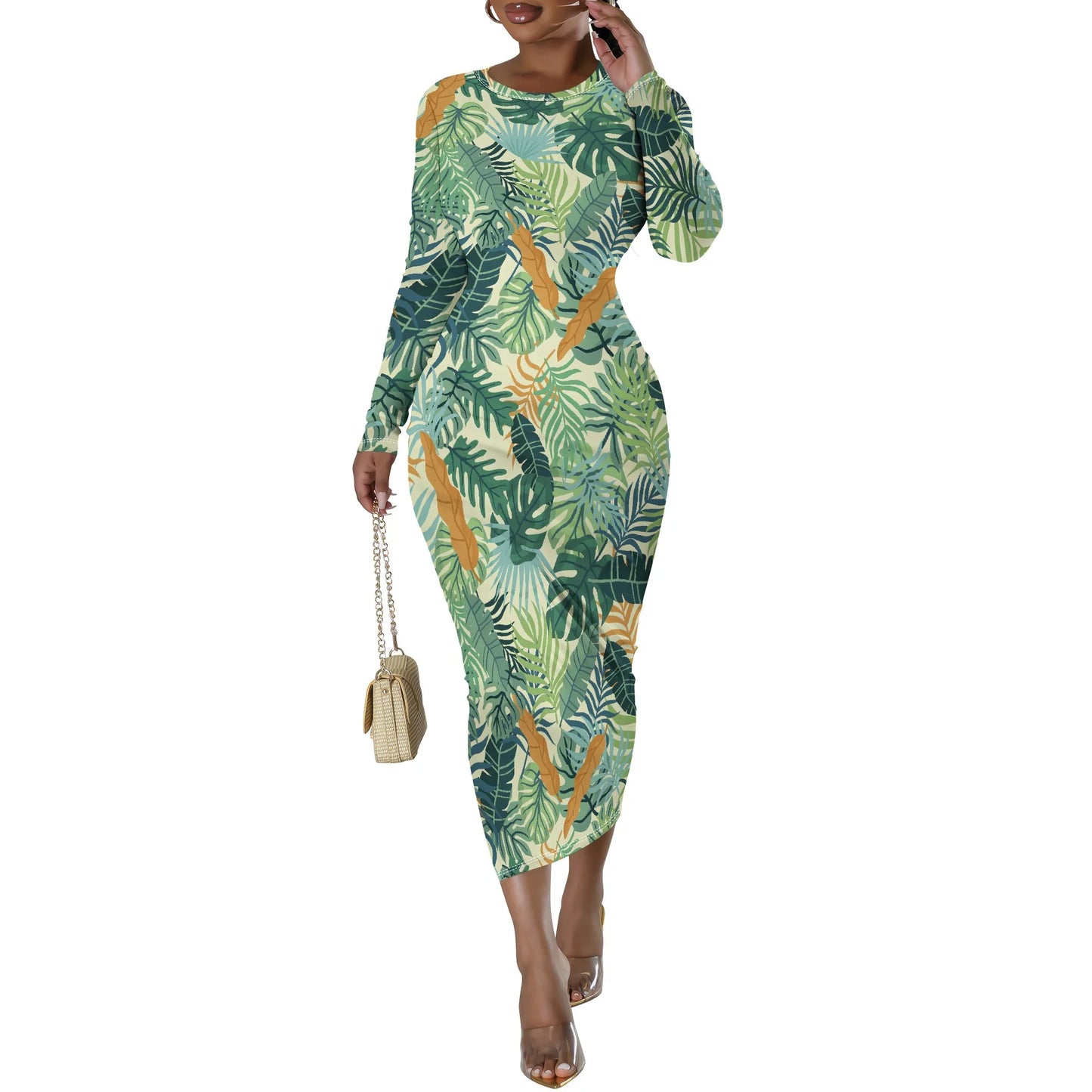 🍒Blommetjiesrokke vir vroue met o-nek, langmou, mode-rekbare somerklere, noupassende bodycon midi slim gemaklik Jy Sal Nie Hierdie Rok Los Nie