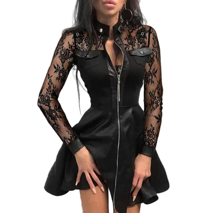 🍒Pu leerrok vir vroue kant gaas mou gemengde media mode partytjie rok mini elegante opstaande nek kraag a-lyn uitrusting Mooi Plaid Pu
