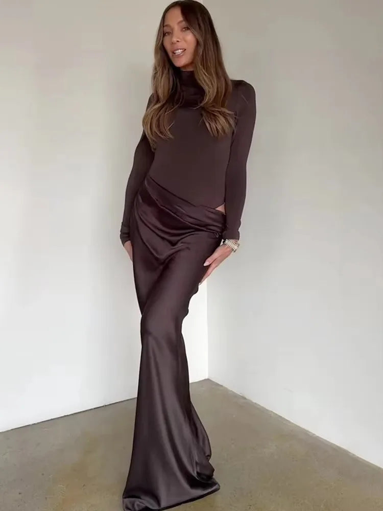 🍒Mixed media outfit satin one shoulder maxi dress brown sleeveless evening dress for  Summer slim elegant party clubwear Look SMOOTH In CHOCOLATE