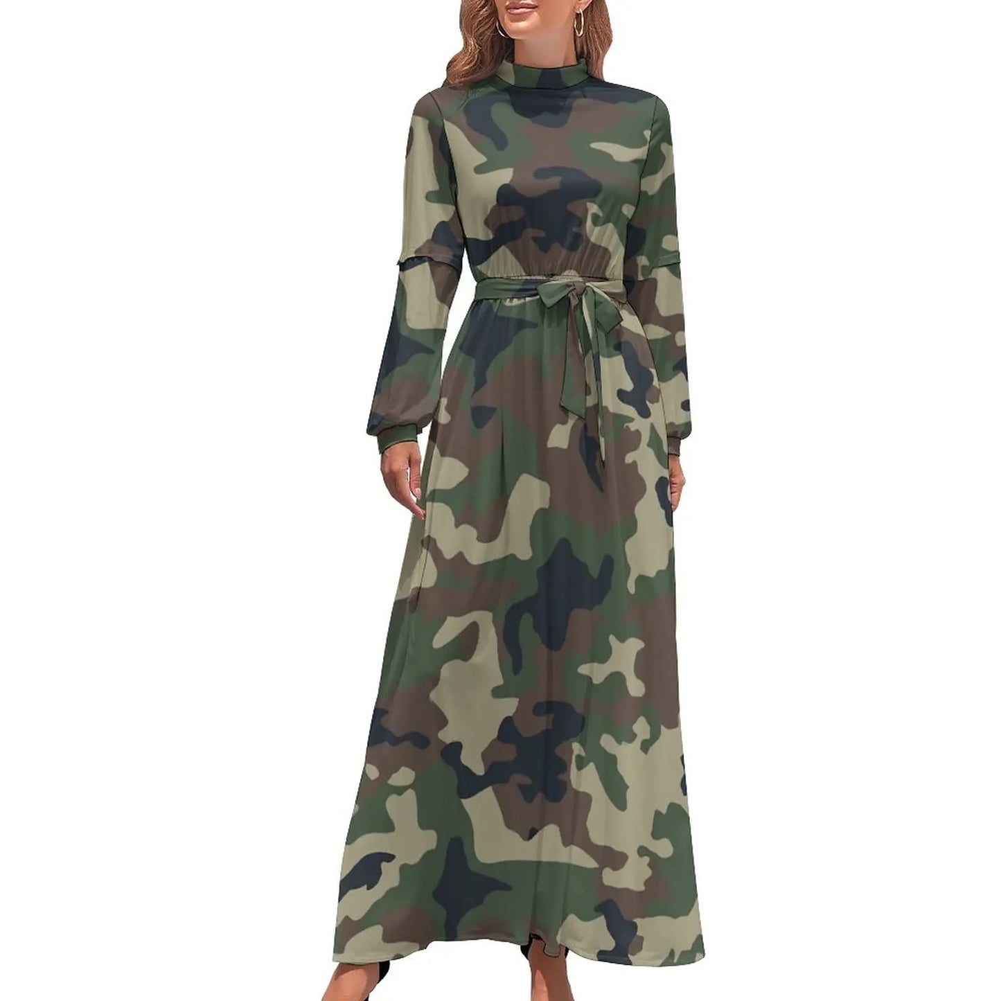 🍒Militêre kamoefleerrok hoë middellyf uitrusting boheemse sjiek langmou maxi stylvolle slim gemaklike klere vroue Camodel Camo
