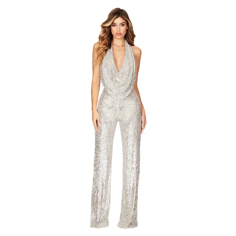 🍒Sleeveless backless jumpsuit Women's  halter one piece outfit with sequins occasion partywear