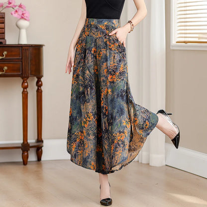 🍒Summer wide leg pants cropped smart casual women high quality loose bohemian skirt pants high waist vintage style trousers multi colour bottoms mid length trousers No Panting In These Summer Light Pants