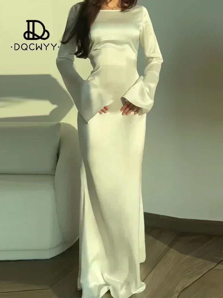 🍒Womens long dresses simple design fashion round neck satin outfit flare sleeve outfit lomg sleeve lace up slim evening party wear bodycon Slinky Simple Style