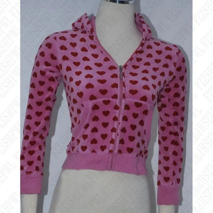 🍒Hooded top y2k zip up casual cardigan hoodie tank top zip up womens aesthetic heart print clothing feminine streetwear fashion Heart Print Heart Print