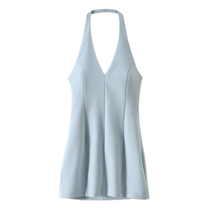 🍒Fashion dress solid v-neck solid mini dress sleeveless backless for women female fashion summer wear beach wear style