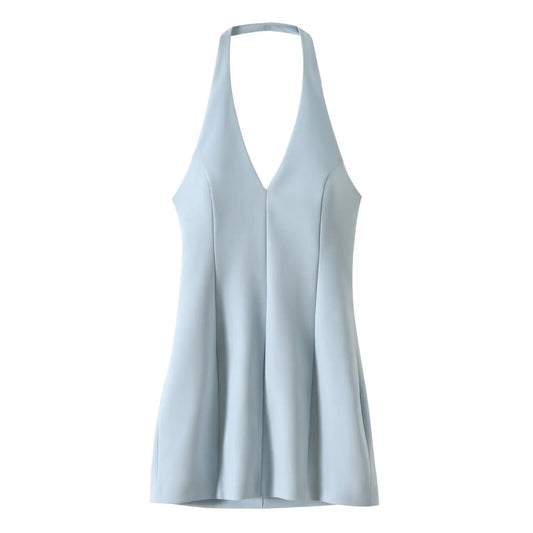 🍒Fashion dress solid v-neck solid mini dress sleeveless backless for women female fashion summer wear beach wear style
