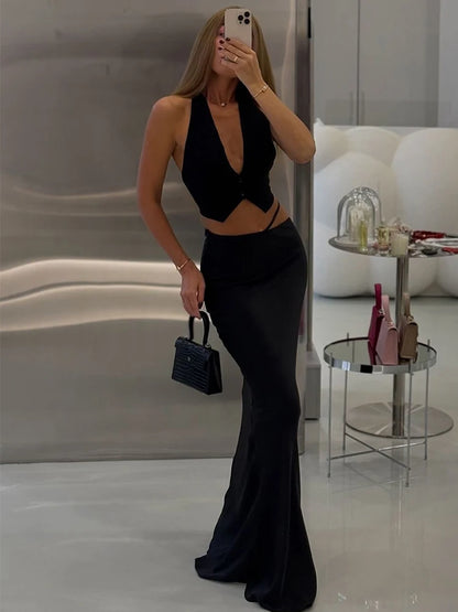 🍒2 pieces sets women satin maxi skirt outfit matching crop top snd long elegant skirt clubbing wear evening party wear holiday party wear