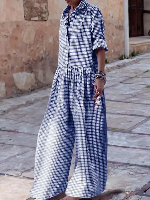 🍒Plaid jumpsuit women's casual fashion long sleeve wide leg playsuit pants loose holiday clothing