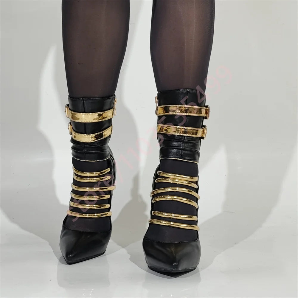 🍒Pointed toe stiletto belt buckle heels banquet shoe boots  for women short fashion footwear occasion party boots black and gold contrast Bootiful Bold Besties