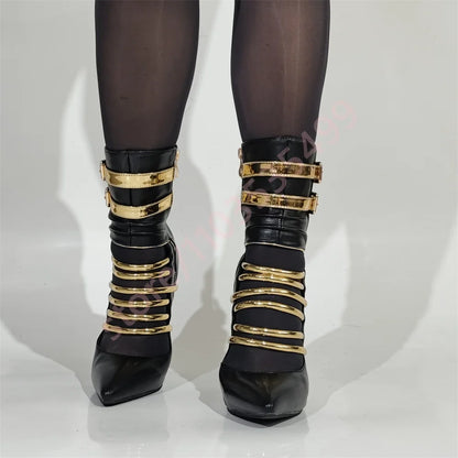 🍒Pointed toe stiletto belt buckle heels banquet shoe boots  for women short fashion footwear occasion party boots black and gold contrast Bootiful Bold Besties