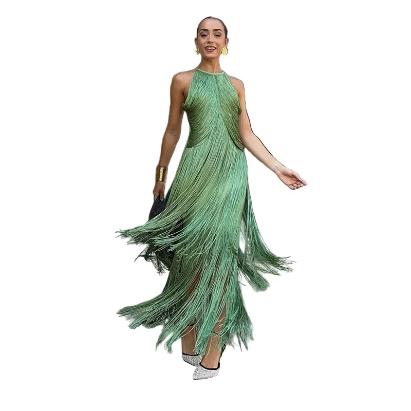 🍒Multi-layer tassel dress women's solid o-neck sleeveless cocktail dress elegant female fashion ball party outfit occasion wear club wear holiday beach party wear No Tossle Tassle