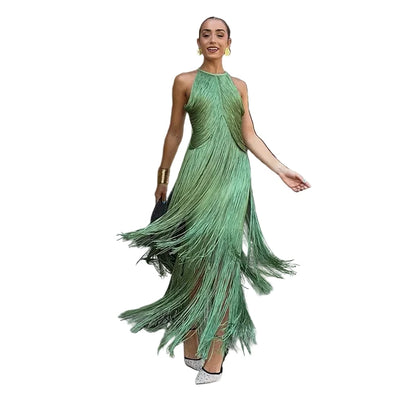 🍒Multi-layer tassel dress women's solid o-neck sleeveless cocktail dress elegant female fashion ball party outfit occasion wear club wear holiday beach party wear No Tossle Tassle