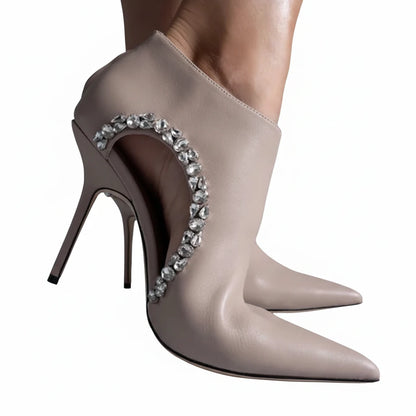 🍒Womens shoe booties genuine leather luxury brand stilettos with diamonds accent pointed toe open arch boots with back zipper leather fashion footwear office shoes occasion shoes Diamond Cut Gems