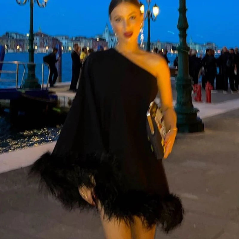 🍒Womens club dress elegant one shoulder cape outfits with feathers hem cloak outerwear fashion autumn winter ladies party clothes Chicky Chic
