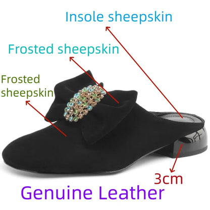 🍒Handmade genuine leather shoes suede footwear for occasion slippers for women mules round toe low heel mules summer footwear female 34-41 Look Slip On Your Bow With A Bow Slipper