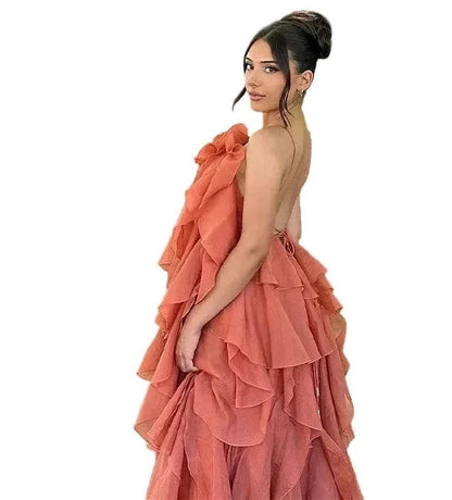 🍒Ruffles long dress for women 3d fower backless sleeveless outfit slim fit maxi dress summer fashion clothing holiday party wear beach layer occasion clothes Maxi-mum Ruffle Without Kerfuffle