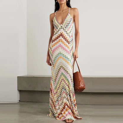 🍒Multi coloured backless dress sleeveless beachwear v-neck halter maxi vacation outfits for women high waist smart casual wear for women