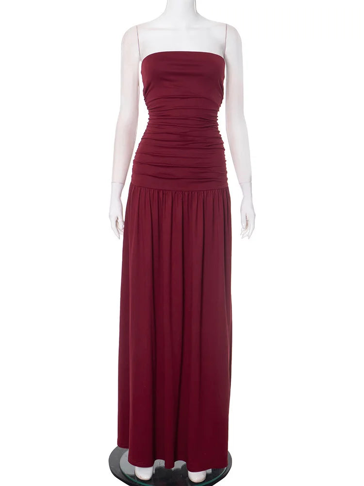 🍒Ruglose bandeau plooirok maxi rok vrouemode ruglose moulose hoë middellyf gerimpelde lang rok elegante Wyn En Dine In Wyn