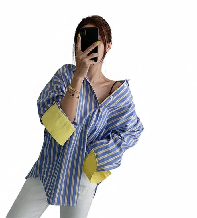 🍒Spring striped shirt loose for women fashion colour mid-length smart casual female fashion patchwork top summer clothes office wear  You wont be SOR i BET about buying this LEMON-y