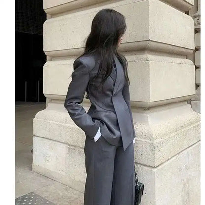 🍒Pak vir vroue hoë kwaliteit Professionele grys pakbaadjie en Wyebeenbroek twee-stuk slim stel modeklere