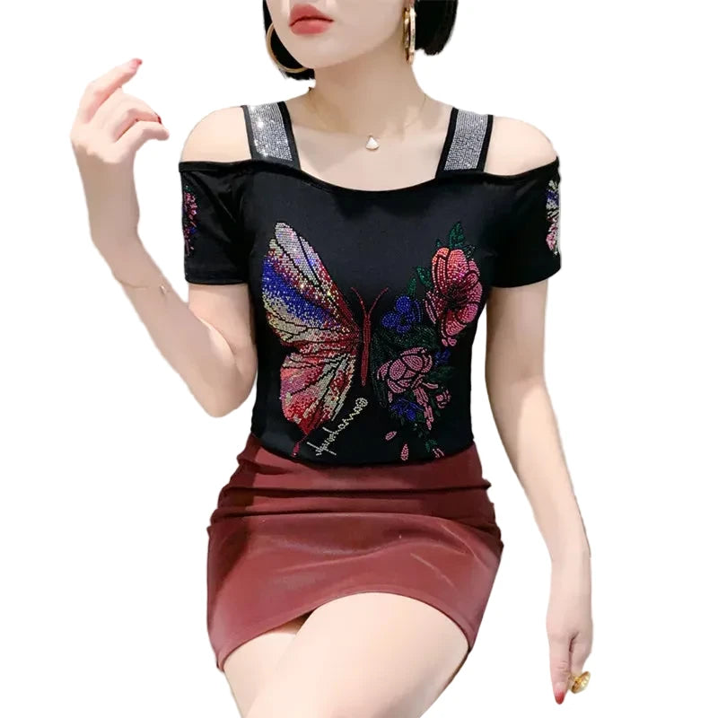 🍒Streetwear-sjiek Hartvormige top, diamant-t-hemp, moulose swart T-hemp vir vroue, somer kortmou gaas-tops.