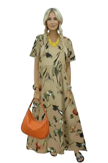 🍒Women's round neck short sleeve dress loose waist linen A-Linen out fit maxi length casual summer wear floral fashion Flattering Floral