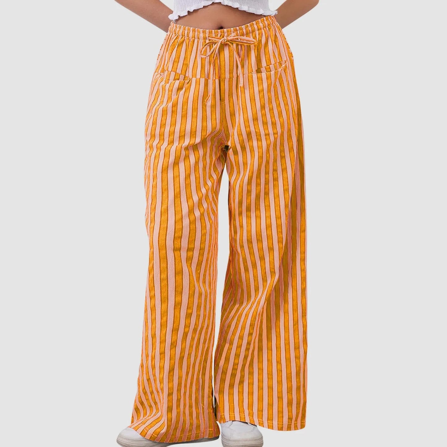 🍒Gestreepte wye been broek hoë middellyf elastiese broek trekkoord wye been broek sakkerige onderdele vroue gemaklike hoëstraat klere met sak Kry 'n lospassende voorkoms in gestreepte los broeke