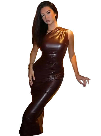 🍒Faux leather one shoulder dress womens elegant evening wear for occasion party wear backless long outft trendy fashion