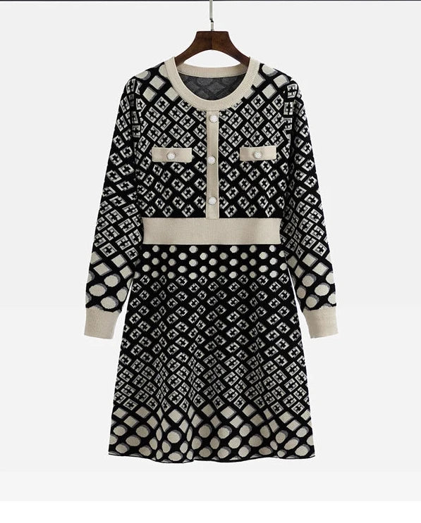 🍒Vintage knitted dress long sleeve mini o-neck spring/autumn Jacquard a-line outfits slim fit smart casual womens clothing breathable viscose Value Vintage