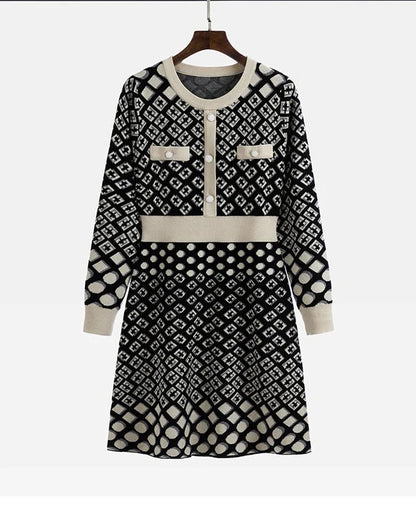 🍒Vintage knitted dress long sleeve mini o-neck spring/autumn Jacquard a-line outfits slim fit smart casual womens clothing breathable viscose Value Vintage