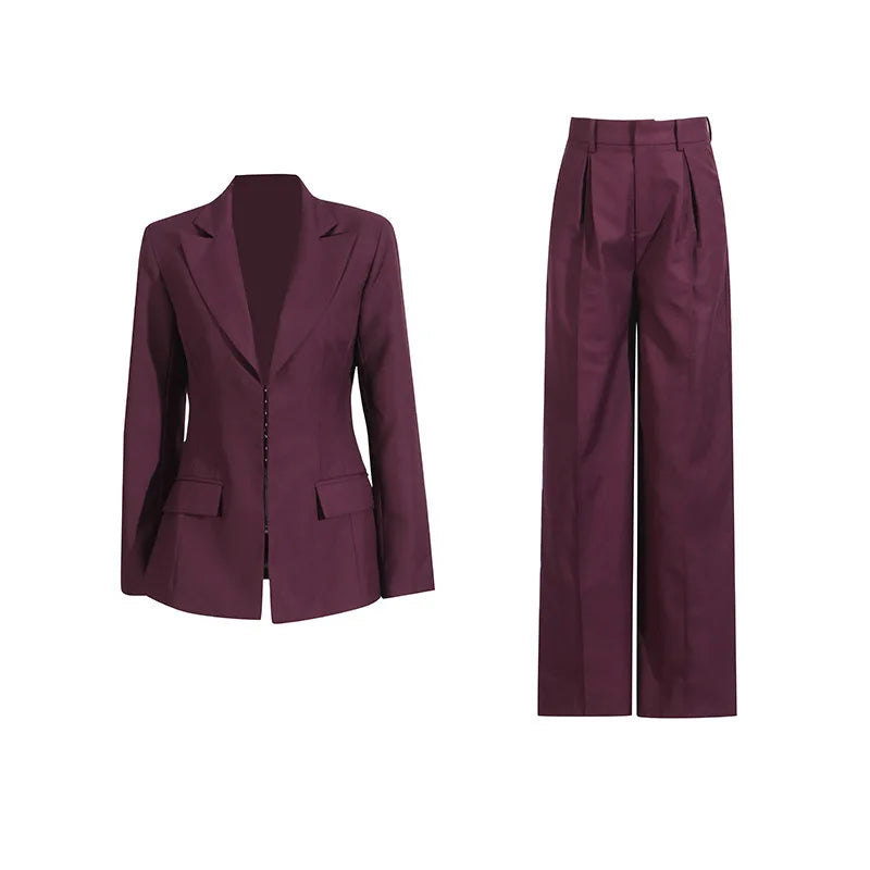 🍒Women's burgundy two-piece pant set classic blazer suit and wide leg trousers and jacket  outfit stylish fomal wear occasion clothing Get Red eye In Your Wine Red