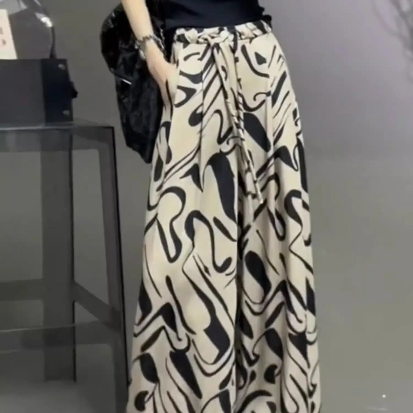 🍒Black and white trousers printed for women loose fitting summer clothes wide leg pants with drawstring smart casual wear