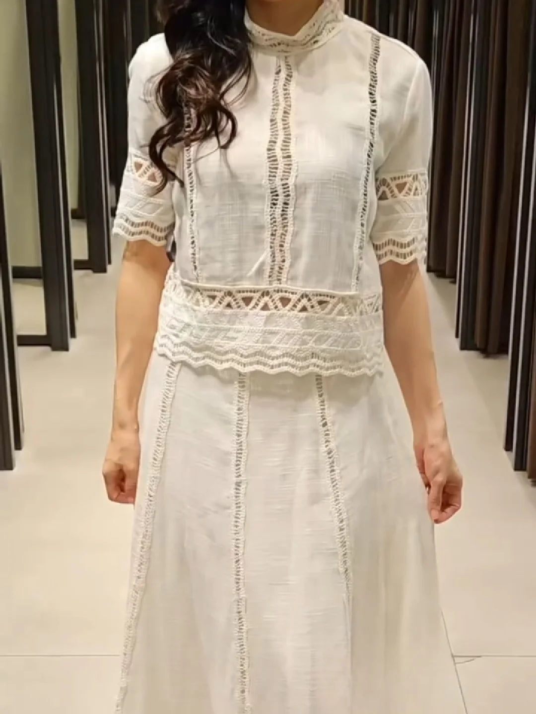 🍒Crochet top round neck design  short sleeve smart casual women  and matching white midi a- line skirt with side zipper suit The White Summer