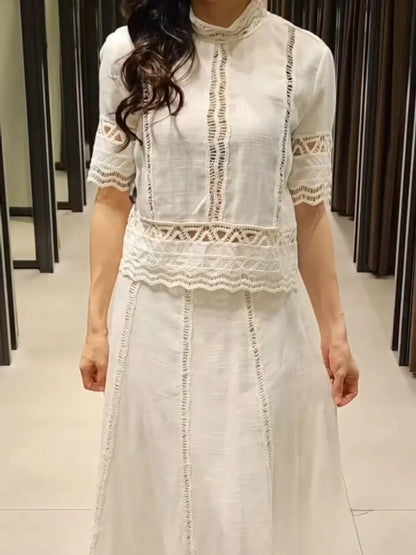 🍒Crochet top round neck design  short sleeve smart casual women  and matching white midi a- line skirt with side zipper suit The White Summer