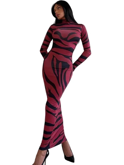 🍒Rooi gestreepte lang rok dames noupassende skilpadnek sebraprint maasuitrusting klubdrag partytjie geleentheidsdrag klere                       Catwalk Your Tiger