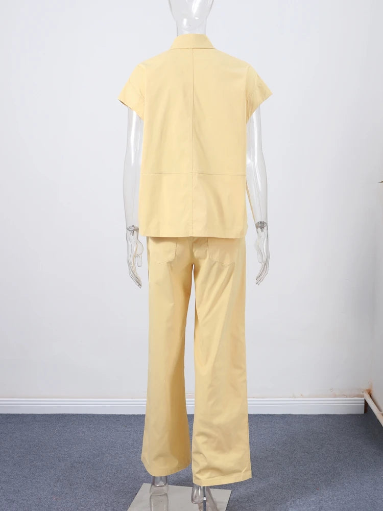 🍒Straatstylbaadjie-uitrusting met wye pypbroek en kortmou-oorgrootbaadjie-stelle kraag enkelbors-onderbaadjie vroue wye pypbroek somer gemaklike uitrustings Geen BROEK in Hierdie MOUloos
