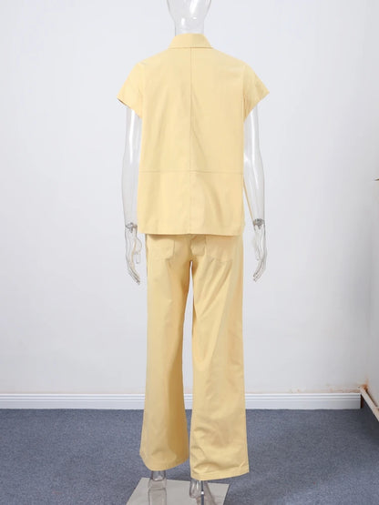 🍒Straatstylbaadjie-uitrusting met wye pypbroek en kortmou-oorgrootbaadjie-stelle kraag enkelbors-onderbaadjie vroue wye pypbroek somer gemaklike uitrustings Geen BROEK in Hierdie MOUloos