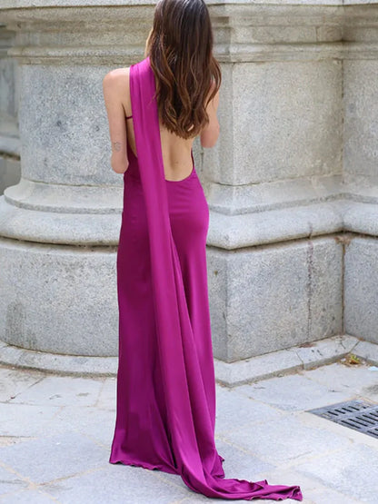 🍒Satin halter neck dress with scarf collar maxi dresses for women sleeveless backless long dress holiday wear evening party outfits Get Ready For A Trail Of Compliments