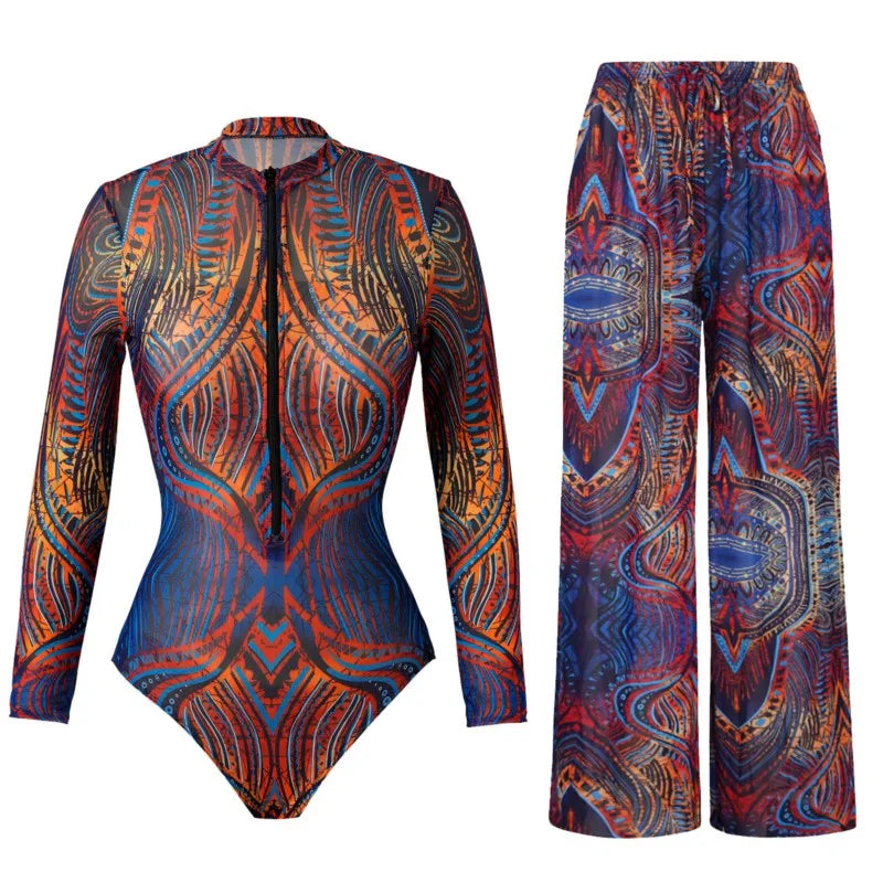 🍒Two piece set swimwear pants and swimsuit for women summer bathing suit and wide leg trouser beach cover up swimming suit set beach wear party outfit Suited For Swimming