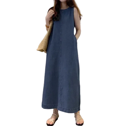 🍒Sleeveless denim long dress for women fashion round neck denim maxi dress outfit a-line with pockets casual wear loose summer clothing
