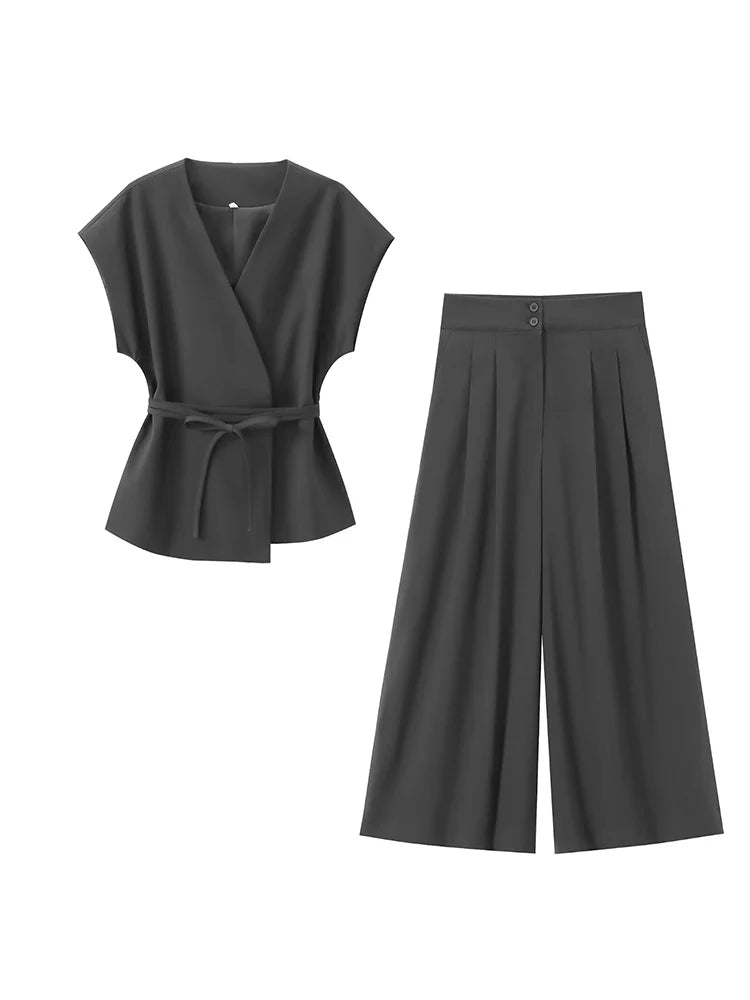🍒Trouser suits for women sleeveless v-neck top with belt and straight pants wide leg sets spring summer clothing smart casual clothes party occasion wear two piece Two Piece Ease
