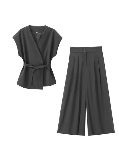 🍒Trouser suits for women sleeveless v-neck top with belt and straight pants wide leg sets spring summer clothing smart casual clothes party occasion wear two piece Two Piece Ease